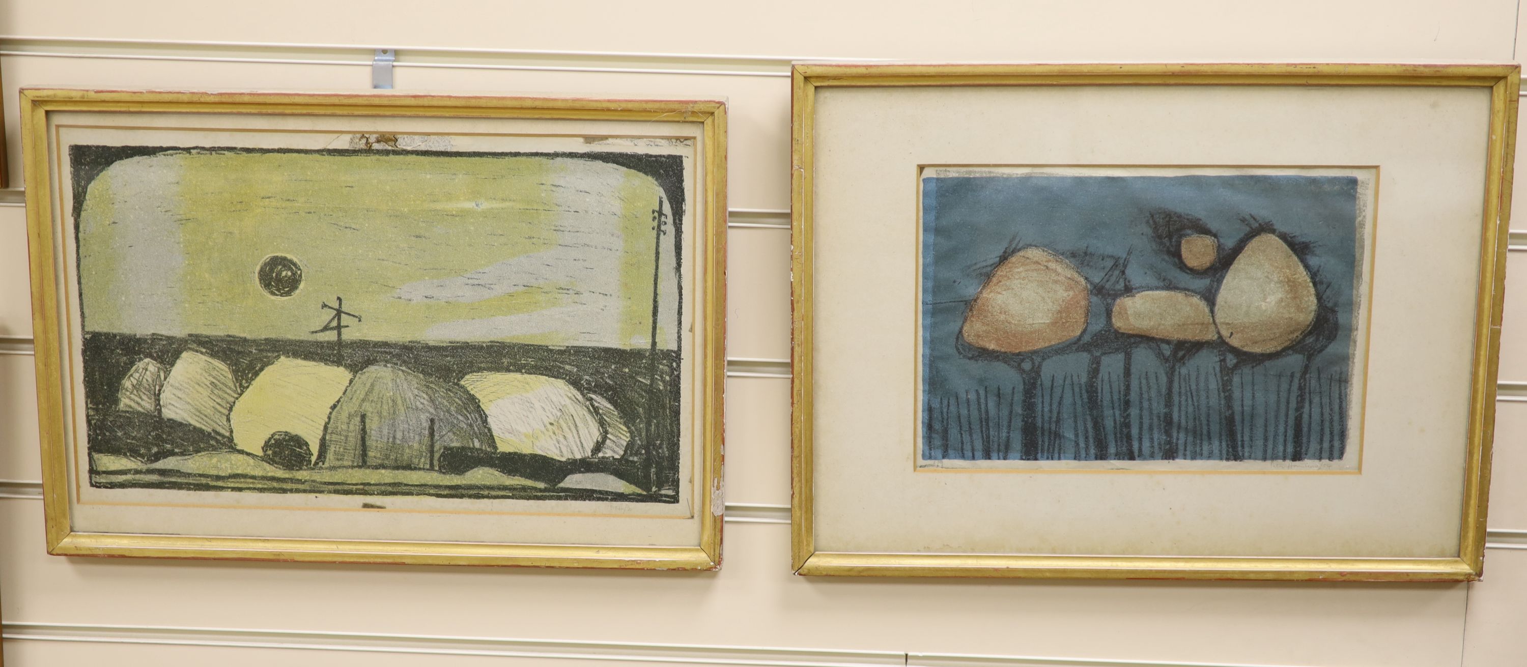 Modern British, two limited edition prints, Stylised landscapes, one signed Peter Hornton? in pencil and dated '54, 6/9, 20 x 29cm, the other initialled, 26 x 41cm